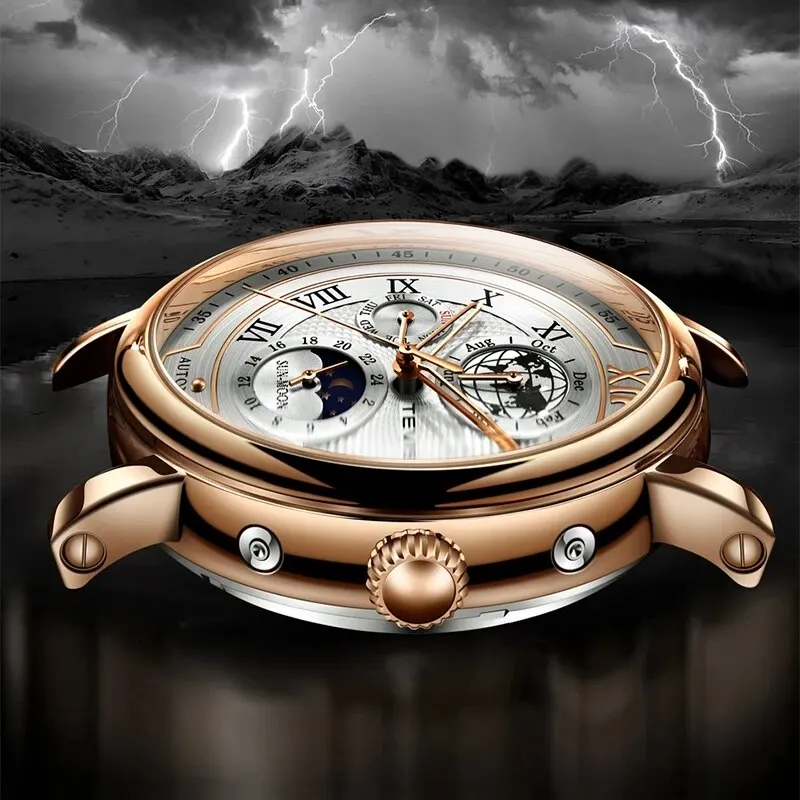 2024 Business Waterproof Mechanical Watches Men Top Brand Luxury Leather Watch For Men Moon Phase Automatic Wristwatch