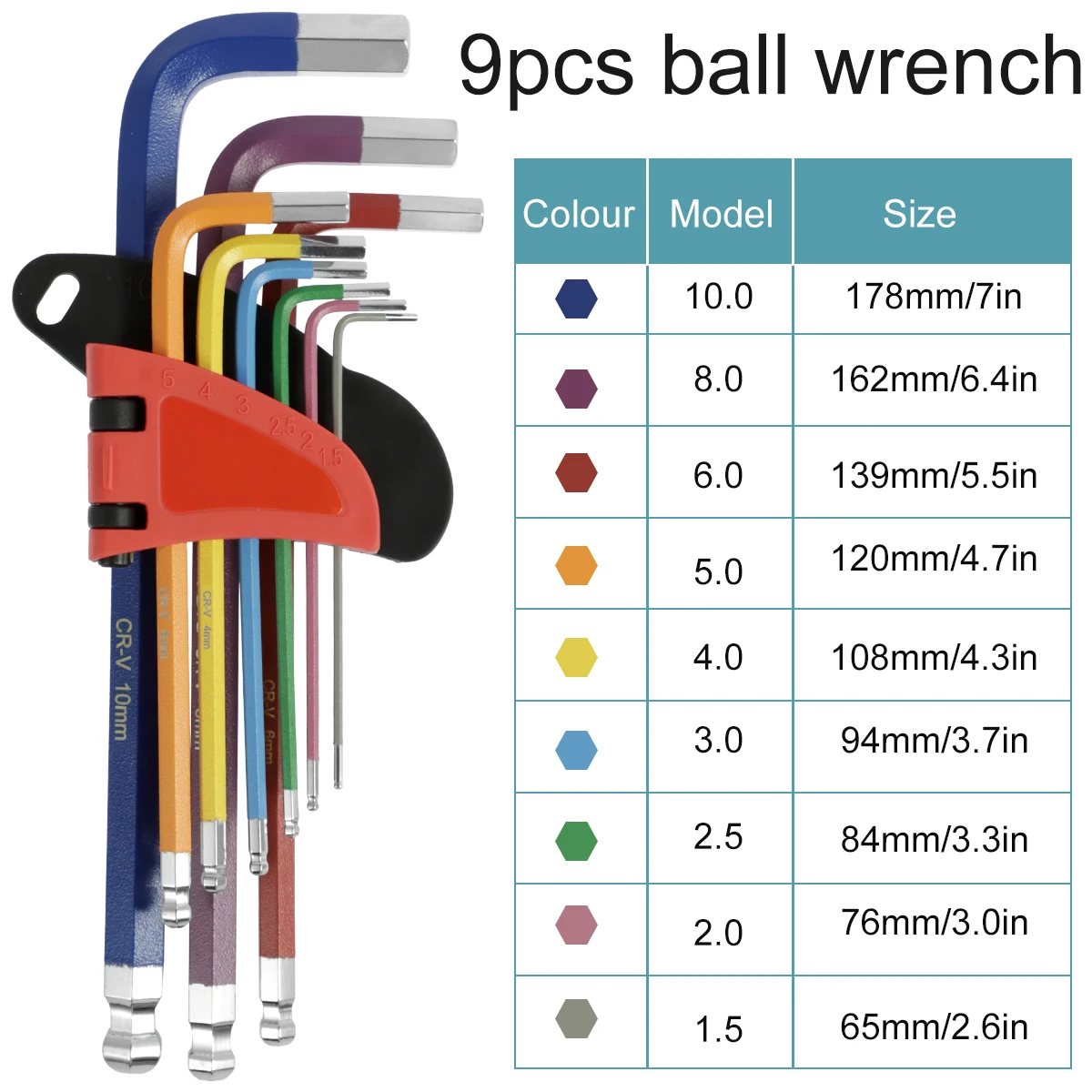 Colored Long Arm Hex Key Set Medium Length 9-Piece Portable Hand Tools Metric Allen Key Set with Ball End L Wrench Kit