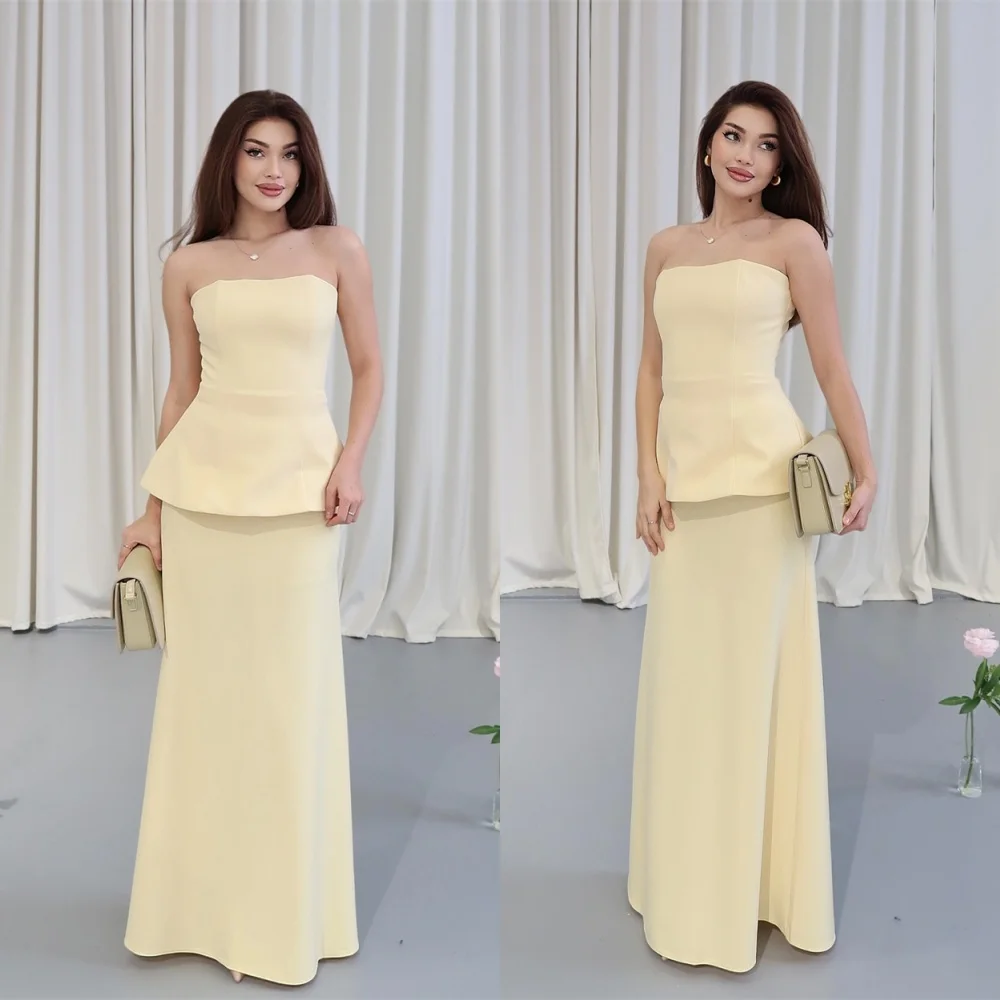 

Customized Temperament Yellow Jersey Evening Dress High Quality Strapless Sleeveless Zipper Back Sweep Train Homecoming Dress