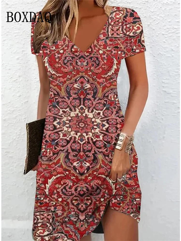 Vintage Women Midi Dresses For 2024 Ethnic Style Floral Print Loose Dress Plus Size Casual Short Sleeve Pullover V-Neck Dress