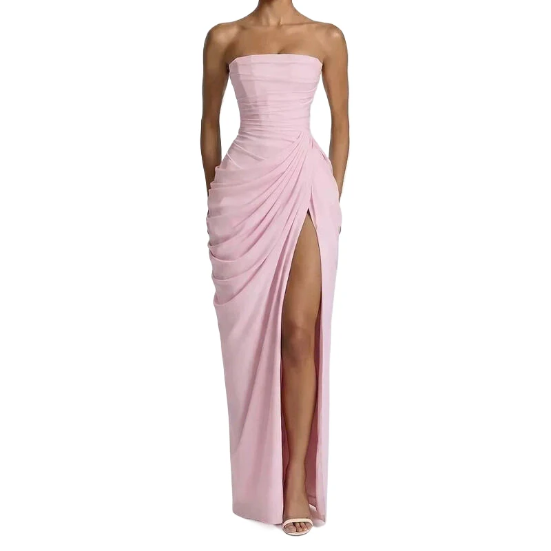 Damen trägerloses asymmetrisches Maxikleid mit Rüschen, Bandage-Taille, langes Abendkleid, sexy französischer Stil, für Abendpartys, Strandurlaub, Sommeroutfit – Detail 4
