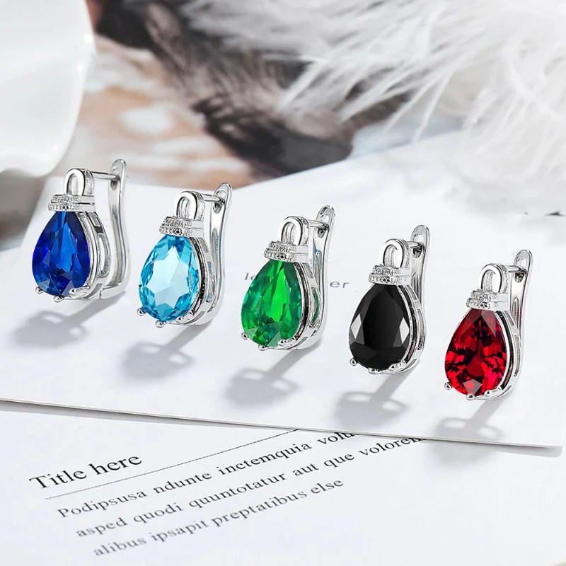 Shiny Multiple Colors Crystal Water Droplet Earrings Light Luxury Temperament 925 Silver Ear Buckle Fashion Jewelry for Women