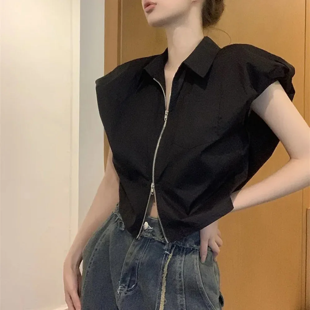 

Polo Collar Sleeveless Shirt Solid Color Slim Waistcoats For Women Irregular Shoulder Pad Tops Elegant Female Fashion New Blouse