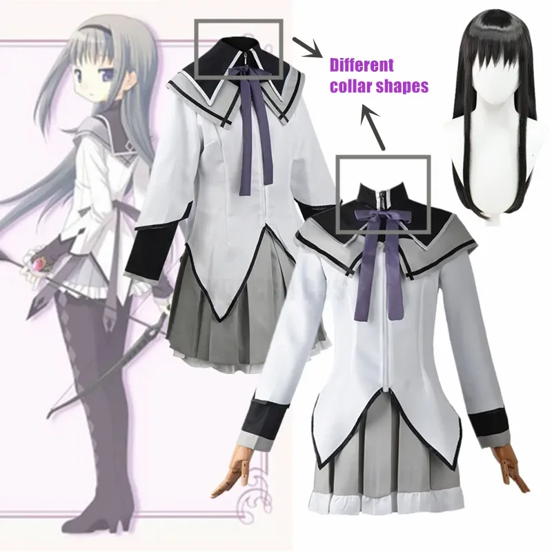 Anime Puella Magi Madoka Magica Cosplay Akemi Homura Cosplay Costume Short Skirt Jk Uniform with Bowknoles Wig Halloween Party