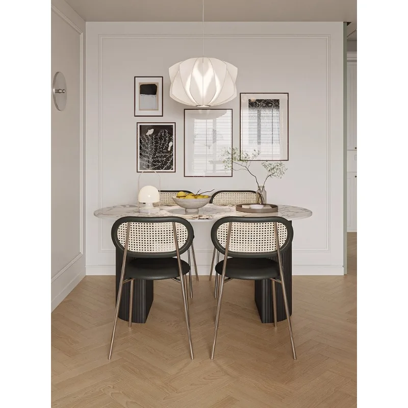 

French cream wind rock slab oval dining table size apartment household retro light luxury dining table and chair combination