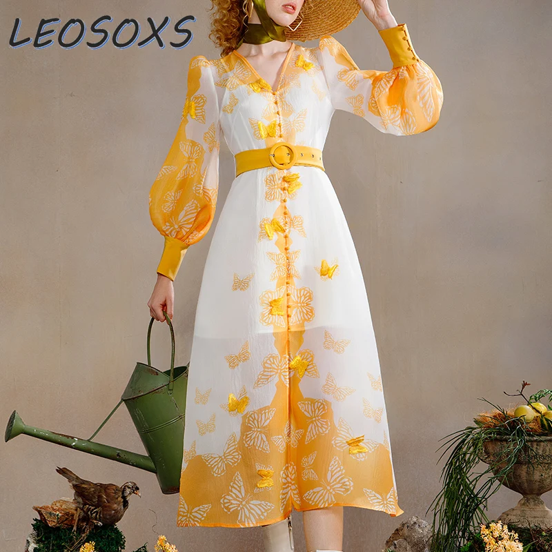 Leosoxs Elegant Maxi Dress Women's Autumn Clothing Commute 3D Butterfly Slimming Printed Bubble Long Sleeve Below The Knee Dress