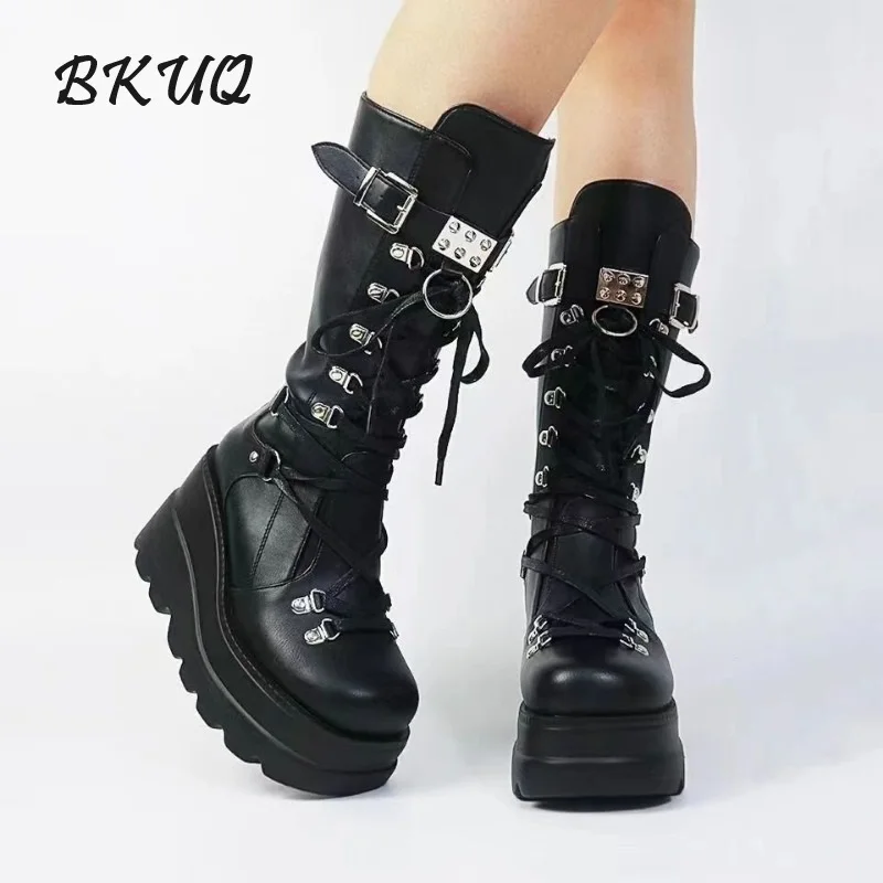 

BKQU Anti-slip Wear-resistant Inner Increase Mid-leg Fashion Boots Women 2024 Autumn New Foreign Super High Heel Knight Boots