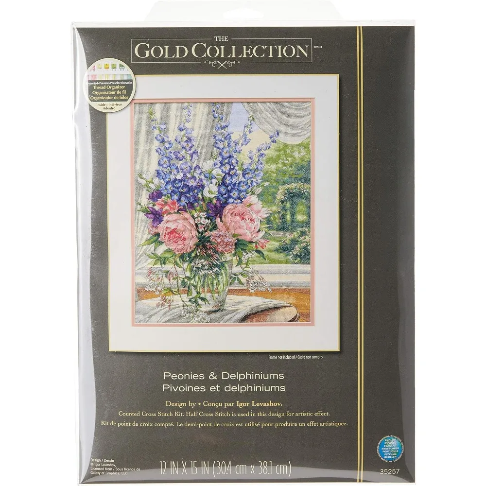 Peonies and Delphiniums' Floral Counted Cross Stitch Kit, White Aida, 12