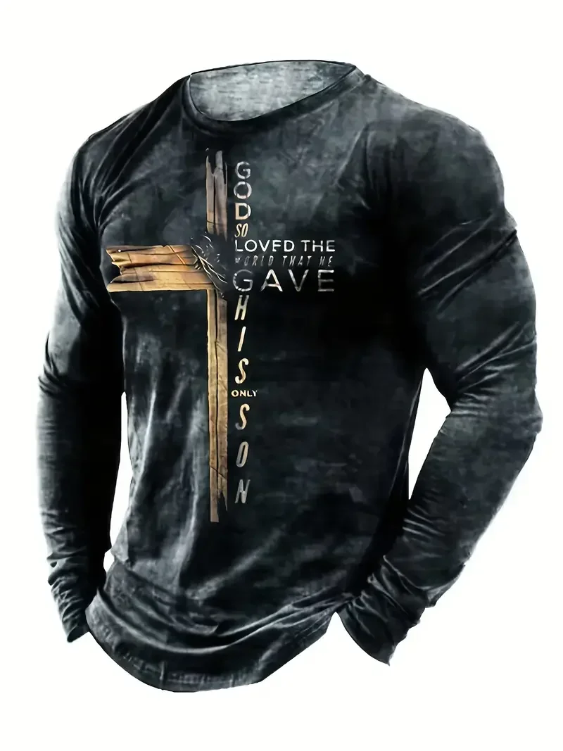 Christian Letter Pattern JESUS Vintage Men\'s T-Shirt Long Sleeve Crew Neck 3D Printed T-Shirt Sports Oversized Men Clothing