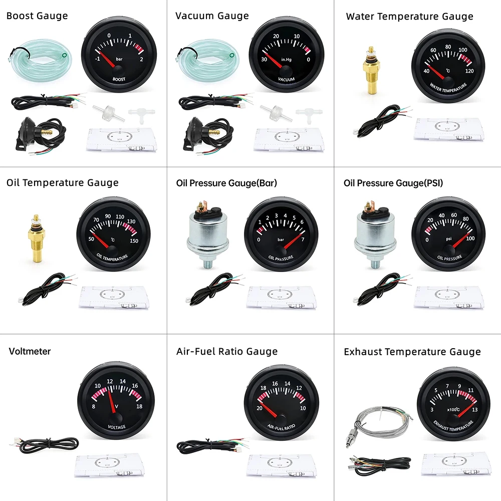 12V 52mm Car Gauge Water Temp Oil Temp Voltmeter Oil Press BAR/PSI Vacuum Boost Gauge Air Fuel Ratio EGT Gauge With Sensor