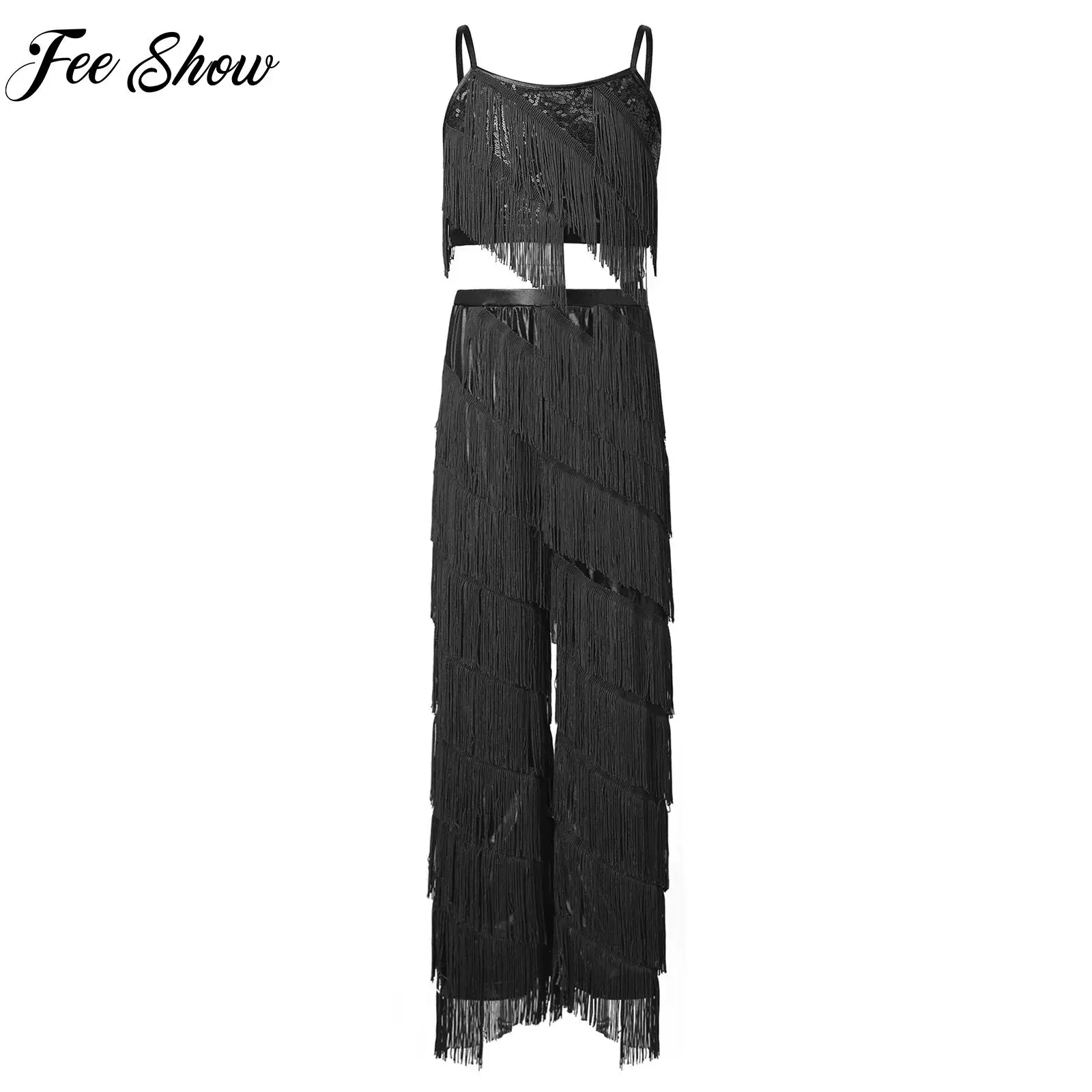 Kids Girls Fringed Latin Jazz Dance Performance Outfit Camisole with Metallic Pants Tassel Set for Salsa Tango Cha-cha Dancewear