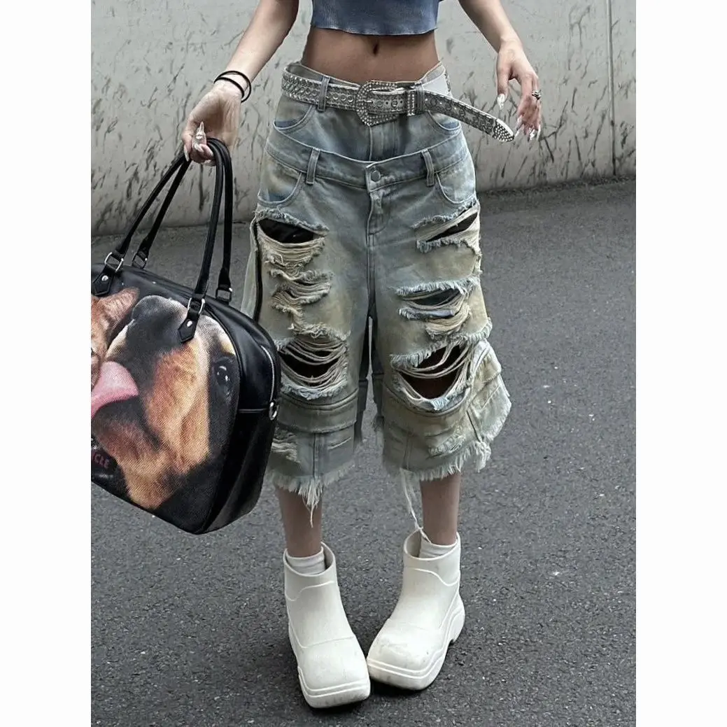 

American Vintage Ripped Wide Leg Denim Shorts Women 2025 Summer Distressed Design Straight Cut Knee Length Jeans High Quality