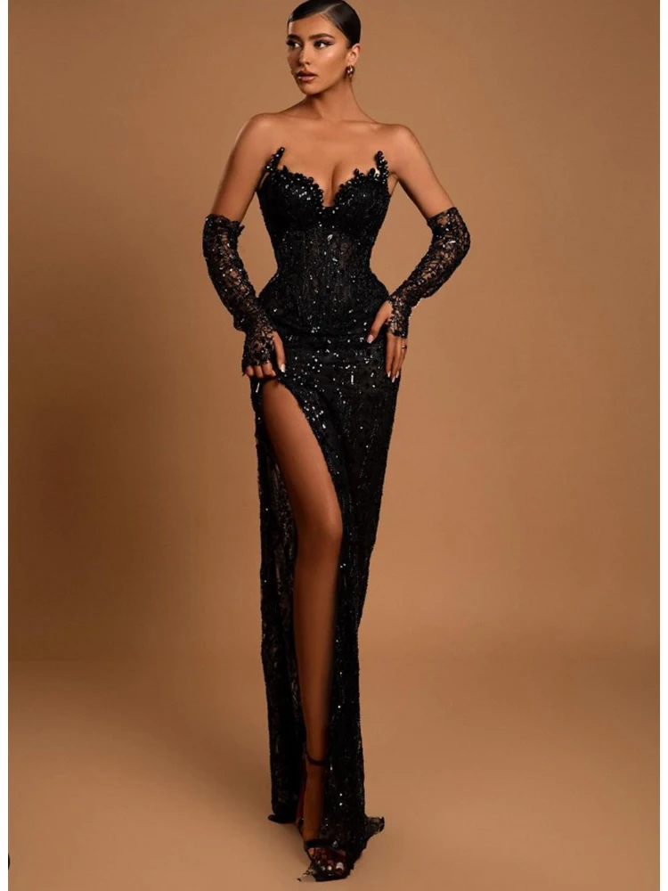 

Sexy Strapless Glitter Sequins Long Dress With Gloves Women Black Sleeveless V Neck Beading Split Slim Maxi Dresses Celebrity
