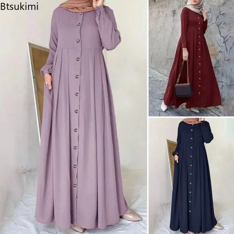 

2026 New Women Muslim Dresses Dubai Abaya Turkey Hijab Maxi Dress Spring Long Sleeve Button Sundress Islam Clothing Kaftan Femme
