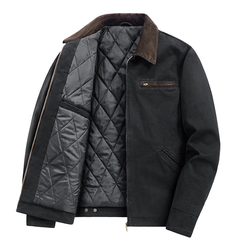 Autumn Winter Men Cargo Coat Washed Retro Style Men Winter Cotton Jacket Outerwear Long Sleeve Zipper Versatile Man Plush Parkas