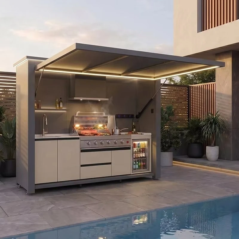 Custom modern premium aluminum integrated outdoor grill kitchen with refrigerator, sink, lockers, retractable doors and storage