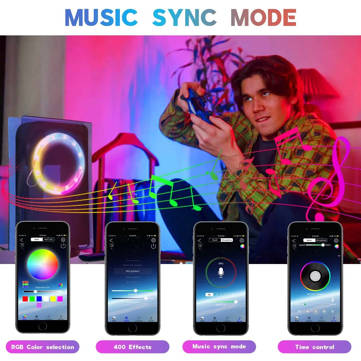 RGB مصباح ليد قطاع ل PS5 لعبة وحدة التحكم مزامنة الموسيقى 8 ألوان 400 تأثيرات أضواء حلقة لسوني بلاي ستيشن 5 وحدة التحكم الملحقات