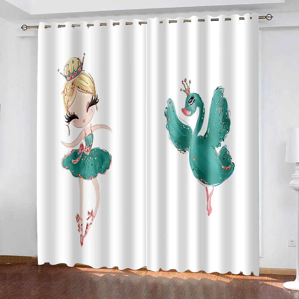 Cartoon Ballerina Princess Swan Pink Children\'s Cheap 2 Pieces Thin Curtain for Kid Teenagers Bedroom Living Room Window Decor