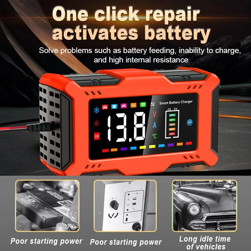 12V 6A Car Battery Charger Fully Automatic Pulse Repair LCD Battery Charger for Auto Moto Lead Acid Battery Smart Car Charging