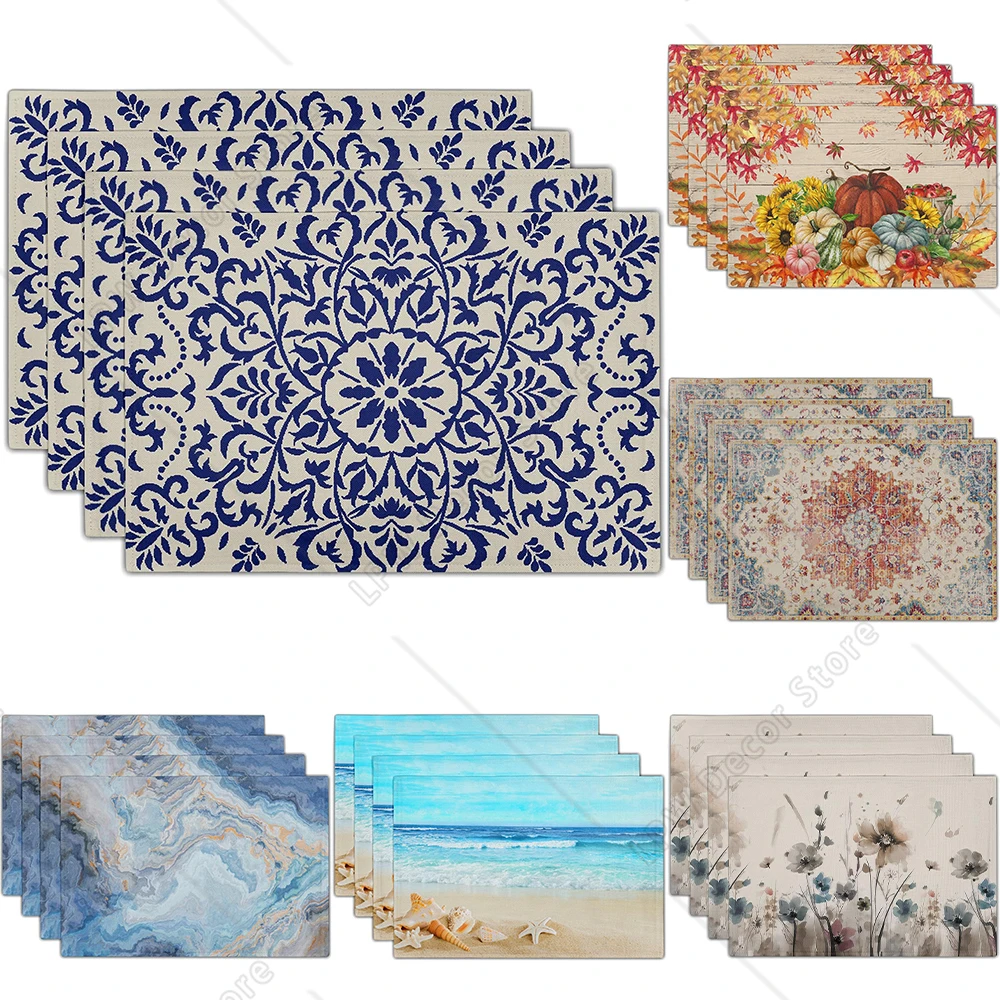 

Table Placemats With Diverse Patterns Vintage Floral Watercolor Flowers Marble Texture Elegant Table Decor For Home Parties