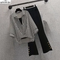 2024 Lente/Zomer Nieuwe Dames Set Afslanken Losse Chiffon Gestreept Shirt Zwart Flare Broek Slim Fit Tweedelige Set