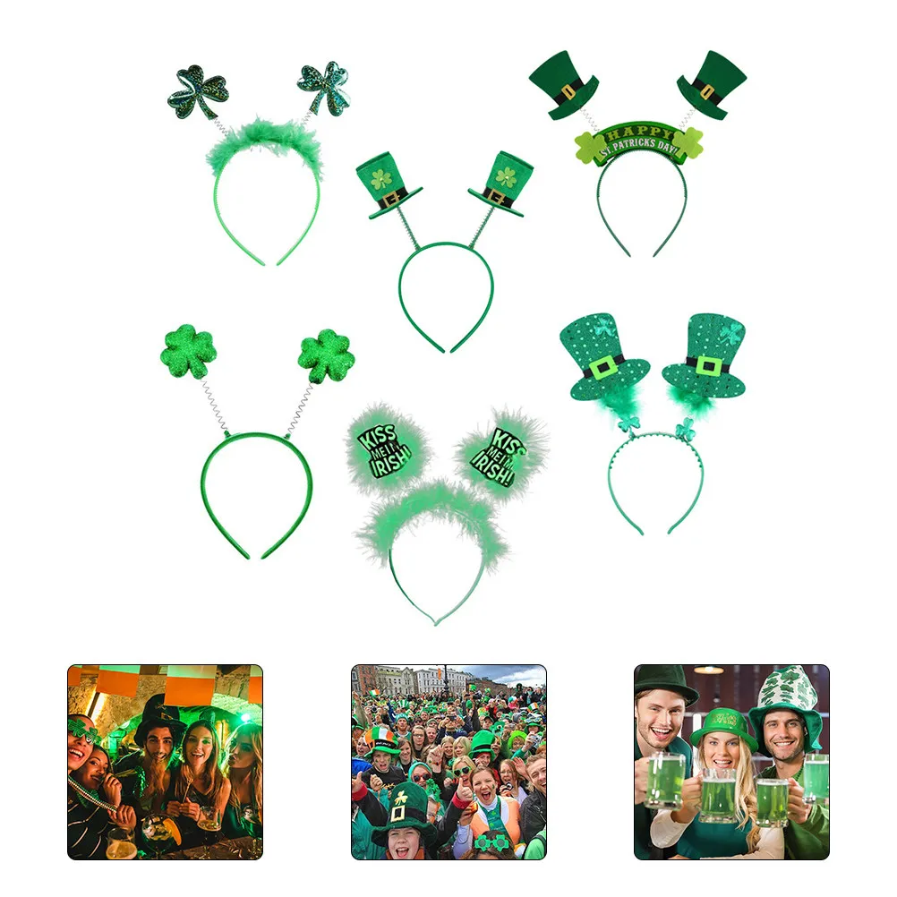 

6Pcs Green St Patrick's Day Hair Hoop Clover Headband Festival Party Supplies Decorative Headdress Satin Women Costume