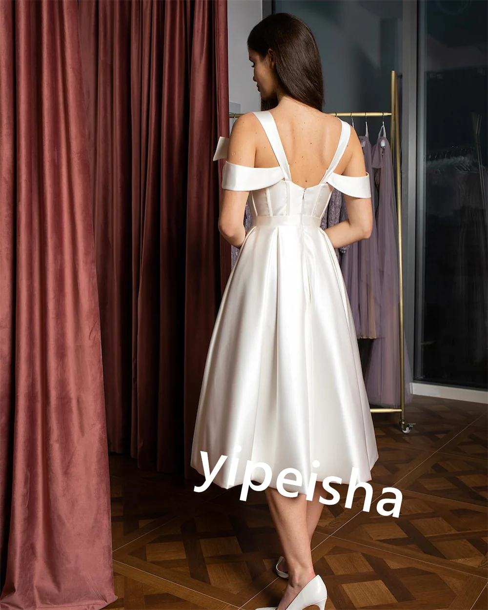 Robe de Soirée en Satin Plissée, Ligne A, Sans Bretelles, sur Mesure, pour Occasions Formelles, Mi-Longue