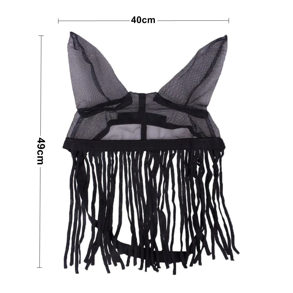 1Pc Horse Fly Mask With Tassels Breathable Polyester Equestrian Fly Cover For Horse Eye Protection Black/
