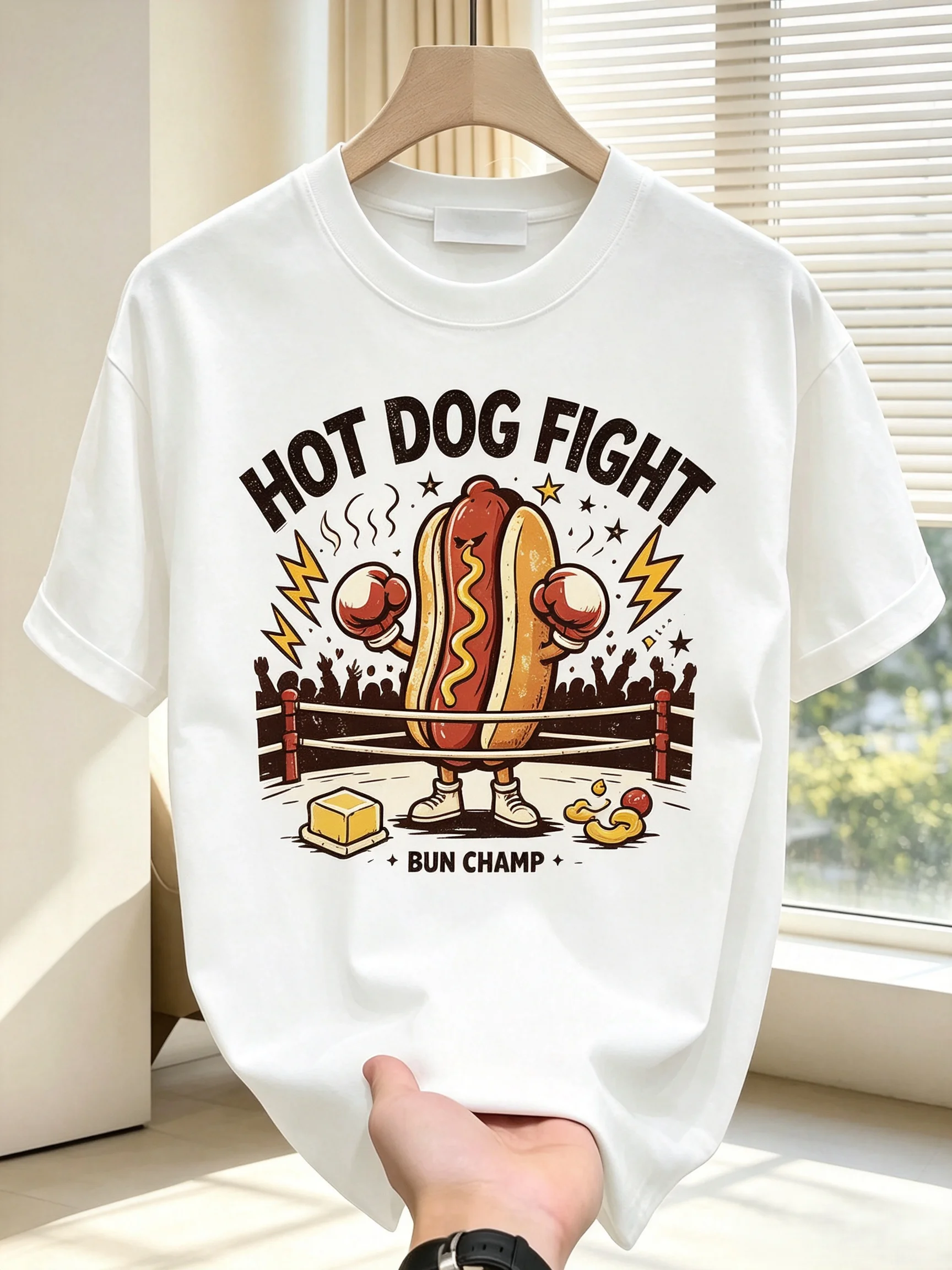 Unisex HOT DOG FIGHT Cartoon Boxing Hot Dog Ring Graphic T Shirt Men Women Bun Champ Vintage Food Lover Streetwear Short Sleeve White Casual Tee