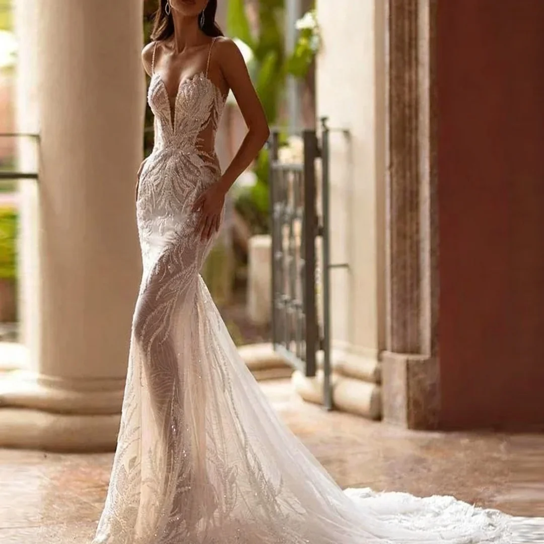 

Customized Sexy Mermaid Wedding Dress Embroidered Lace With Bead Ballgown V-Neck Formal Bride Porm Party Gowns