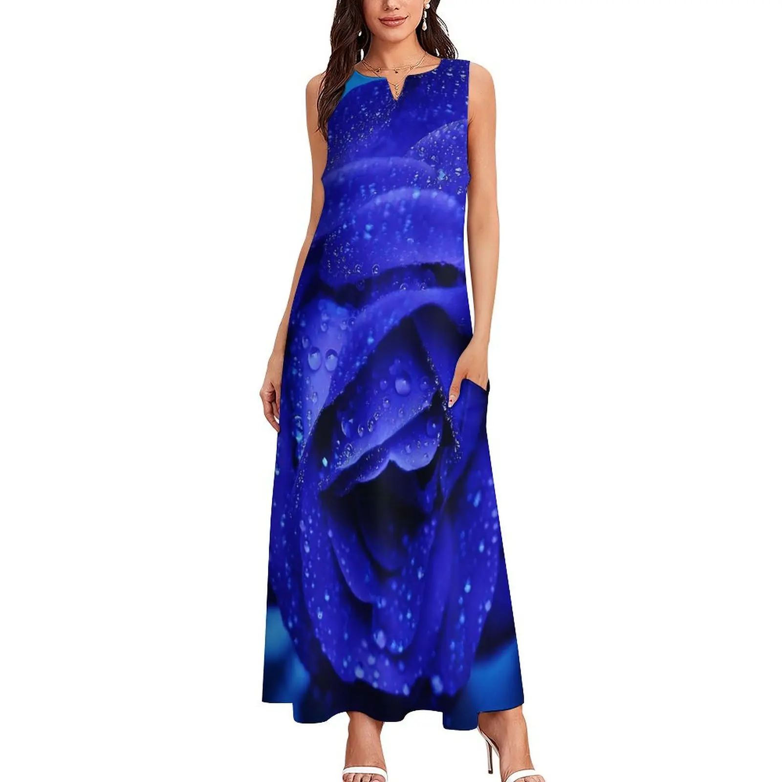 Blue Fower Dress Summer Rose Print Streetwear Casual Long Dresses Woman Elegant Maxi Dress Birthday Gift