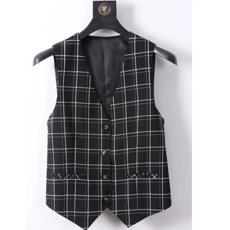 

#0707 Black Grey Plaid Vest Coat Women Elegant Office Short Vest Waistcoat Women V Neck Thin Sleeveless Blazer Spring Summer