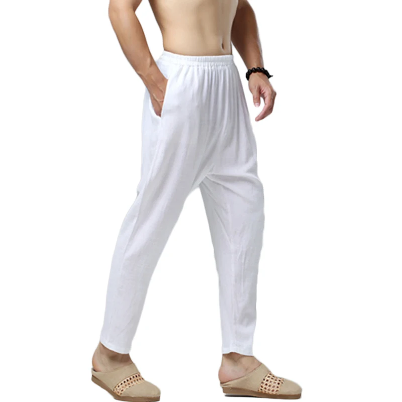 

LZJN Men's Kung Fu Pants Cotton Linen Elastic Waist Harem Crotch Straight Leg Casual Ankle Length Cropped Trousers