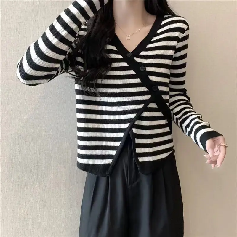 Women\'s All-match Irregular Knitting Shirt V-neck Long Sleeve Pullovers Autumn Simplicity Striped Sweater Ladies Korean Tops