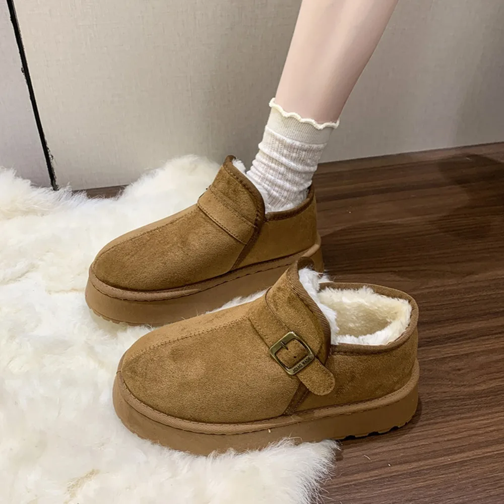 

Зимние ботинки с металлической пряжкой, новые зимние замшевые ботинки на платформе с круглым носком, повседневные удобные хлопковые ботинки на плоской подошве для женщин