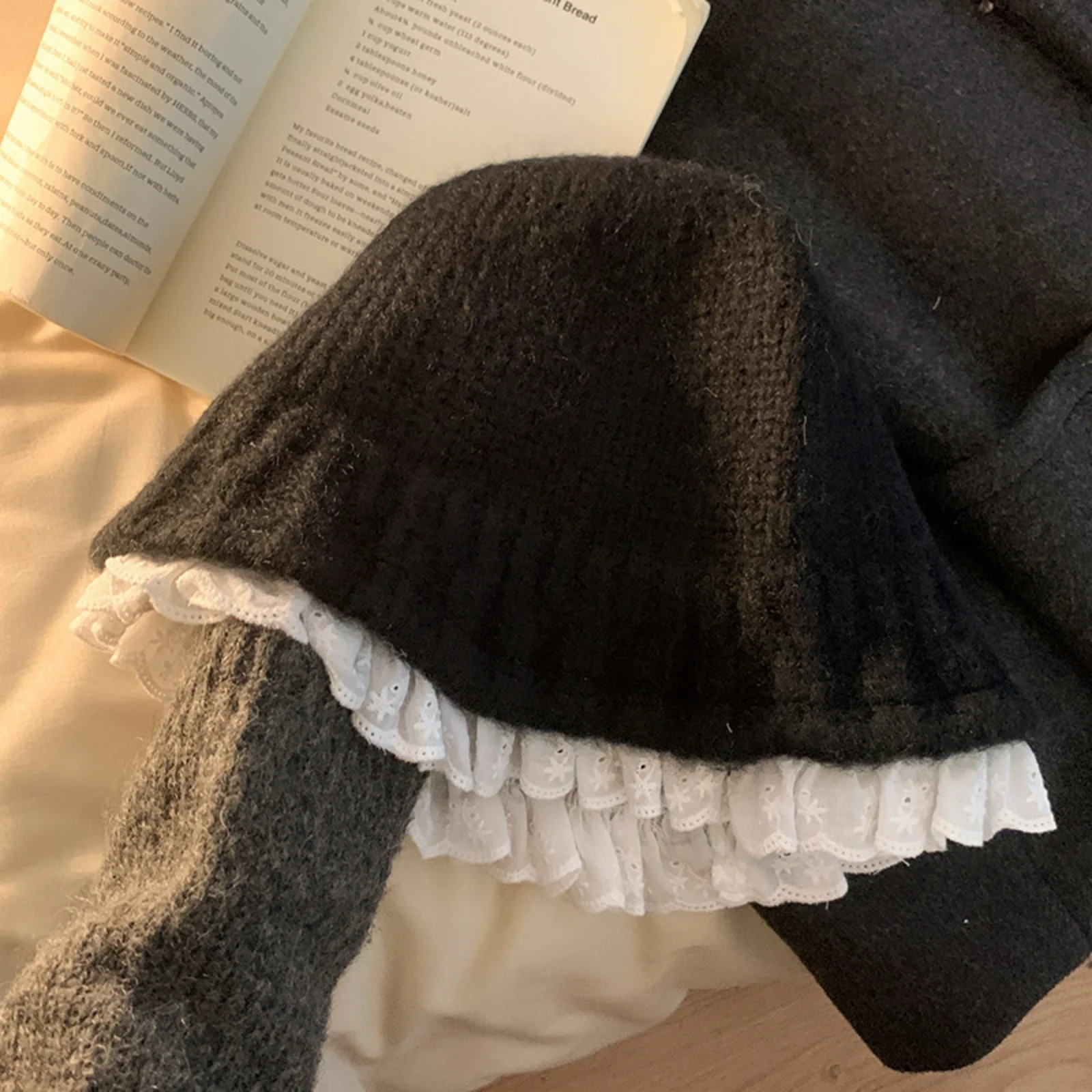 1 قطعة قبعات صياد السمك المحبوكة ، الدانتيل تقليم الكورية كسول نمط الشتاء الدافئة دلو القبعات ، الوجه-التخسيس قبعات صوفية متعددة الاستخدامات للنساء