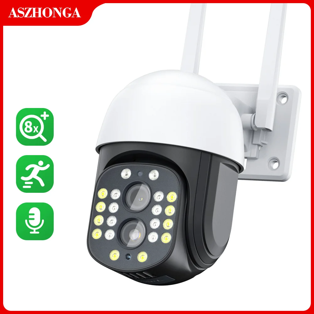 ASZHONGA 8X Zoom 1080P WiFi Camera outdoor Security Surveillance Linkage Floodlight Auto Tracking Dual-Lens HD IP PTZ camera