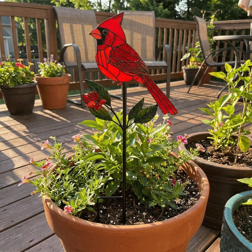 2D Flat Red Bird Garden Stake Iron Handmade Metal Garden Stake Animals Pattern Funny Flower Branch Ground Plug Garden Decoration
