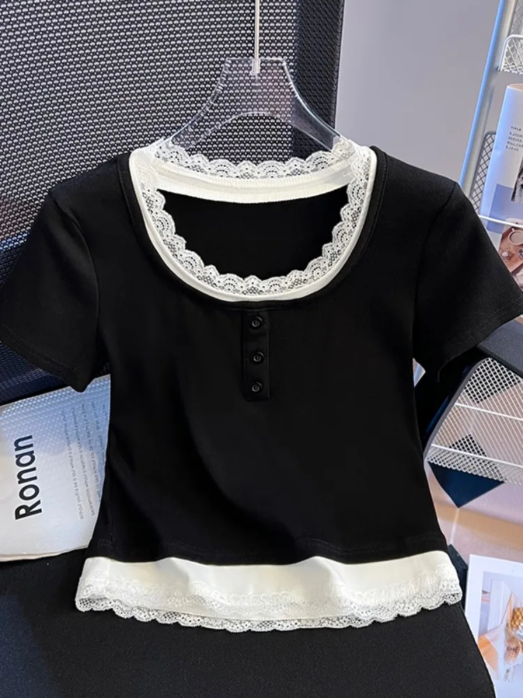 

Bla Lace Trim ort Sve T-irt Women's Summer Slim Fit ort Sle Top Cute College Sweet Youth Knitted Cotton Polyeste...