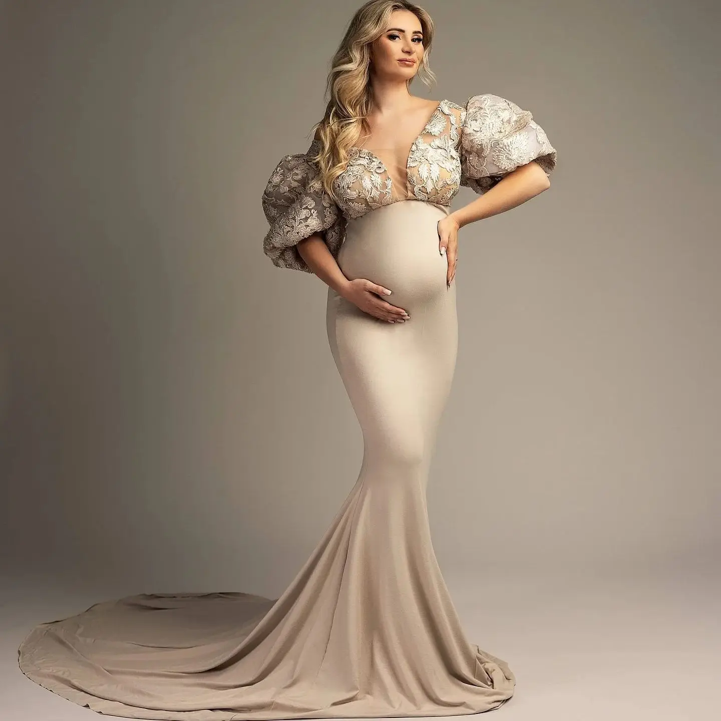 Eleganckie suknie balowe damskie bufiaste rękawy suknia Baby Shower podwyższona talia koronkowa sukienka ciążowa Vestido de Novia dostosowane