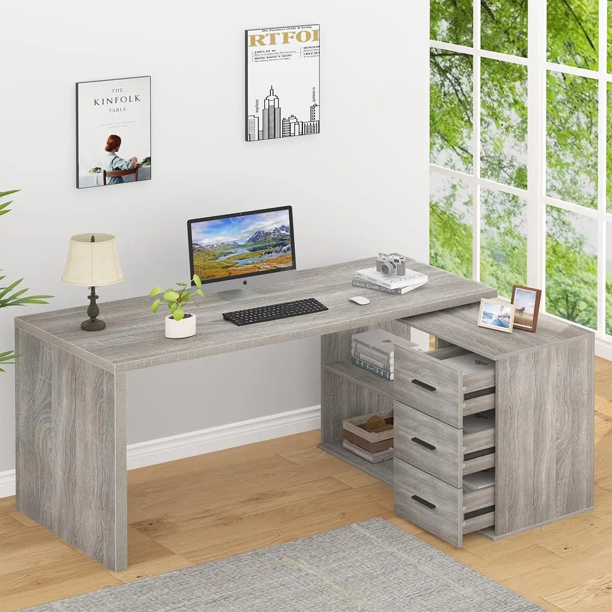 L Shaped Corner Computer Desk with 3 Storage Drawers 60 inch, Customized