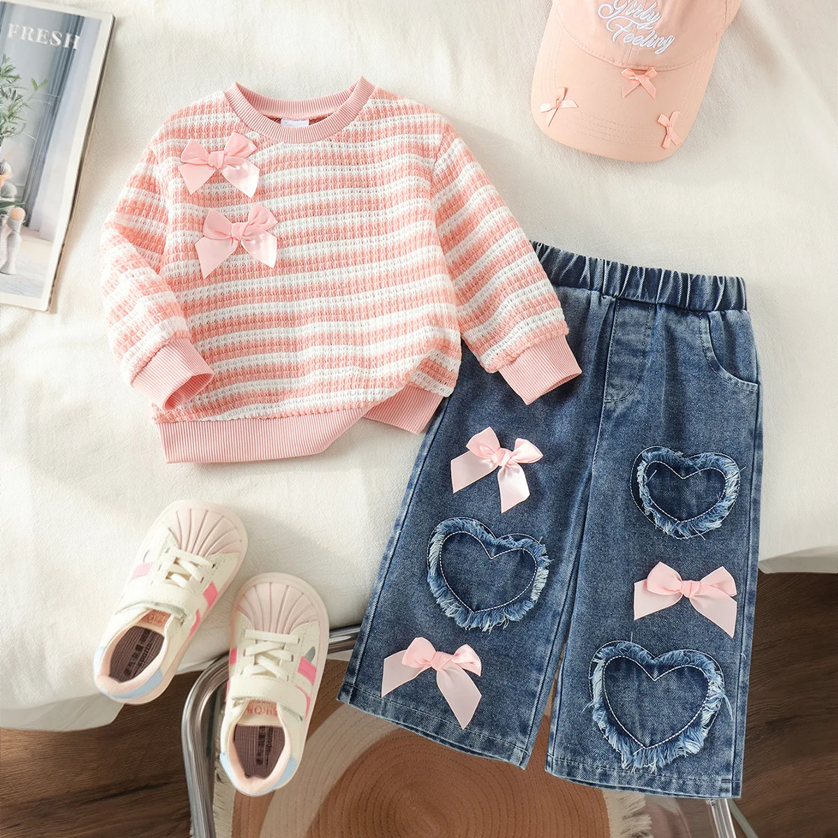 2026 New Girls' Spring and Autumn New Sweet Pink Long Sleeve Top Washed Cowboy Pants Two Piece Set