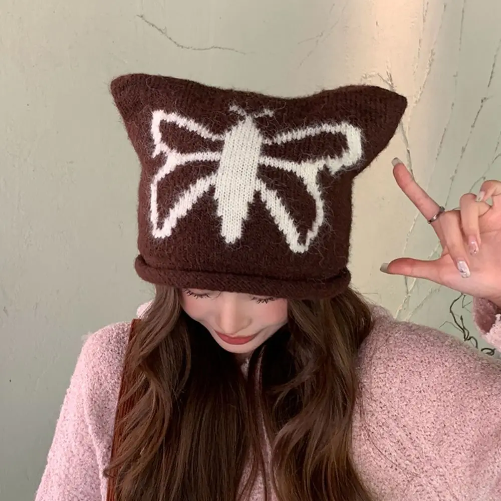 

Kawaii Korean Winter Thickened Wool Knitted Streetwear Warm Cap Butterfly Jacquard Curly Cat Ear Knitted Hat Beanie Girl