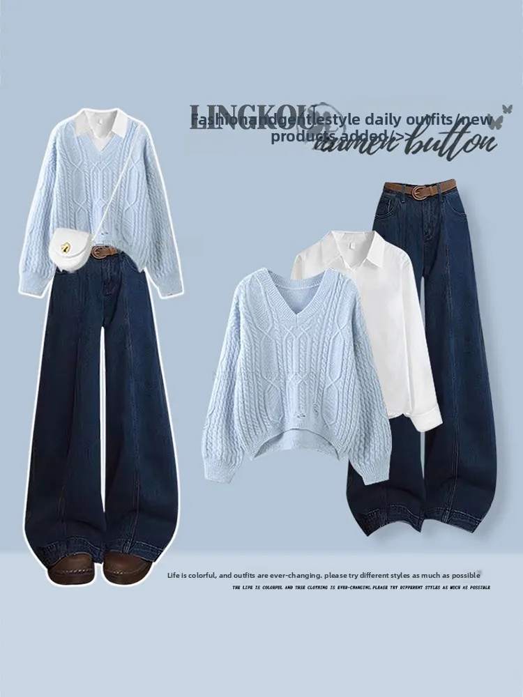 

Faionable Knitted Sweater And Jeans Tee-Piece Set for Women Autumn Winter High Waist Loose Fit V-Ne Long Sve Casual ...