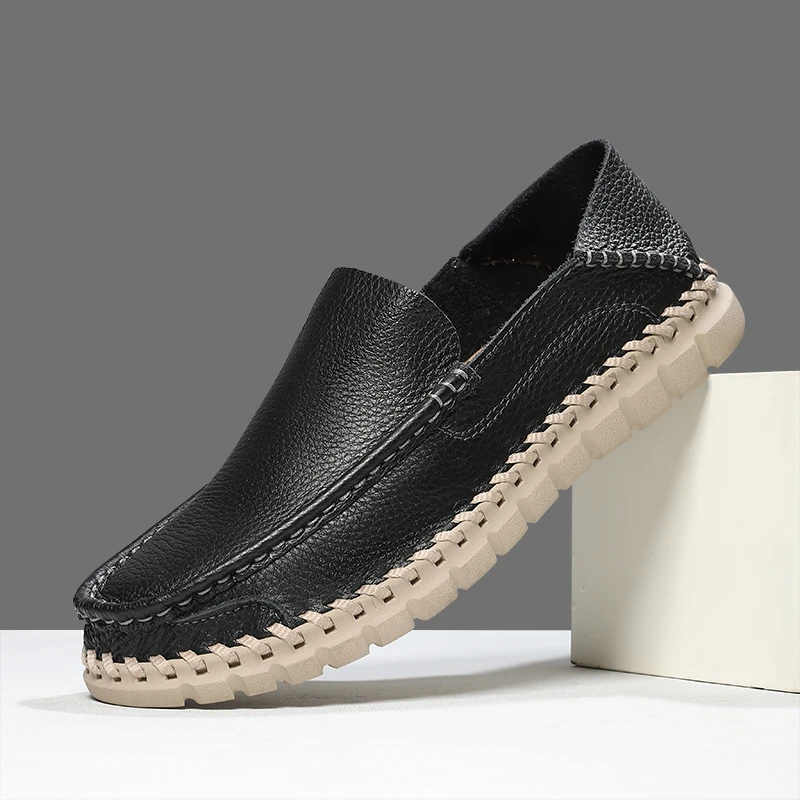 

Men's Comfortable Slip-on Leather Casual Shoes, Hand Stitched Loafers for Spring Summer