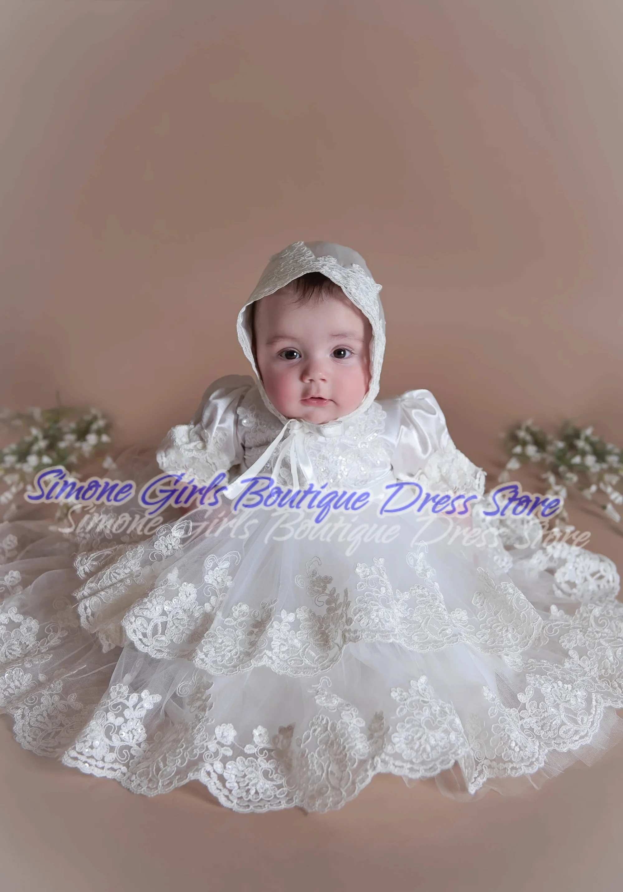 White Christening Gown for Little Kids O Neck Long Sleeve Lace Pearls First Communion Dress Toddler Infant Baptism Gowns