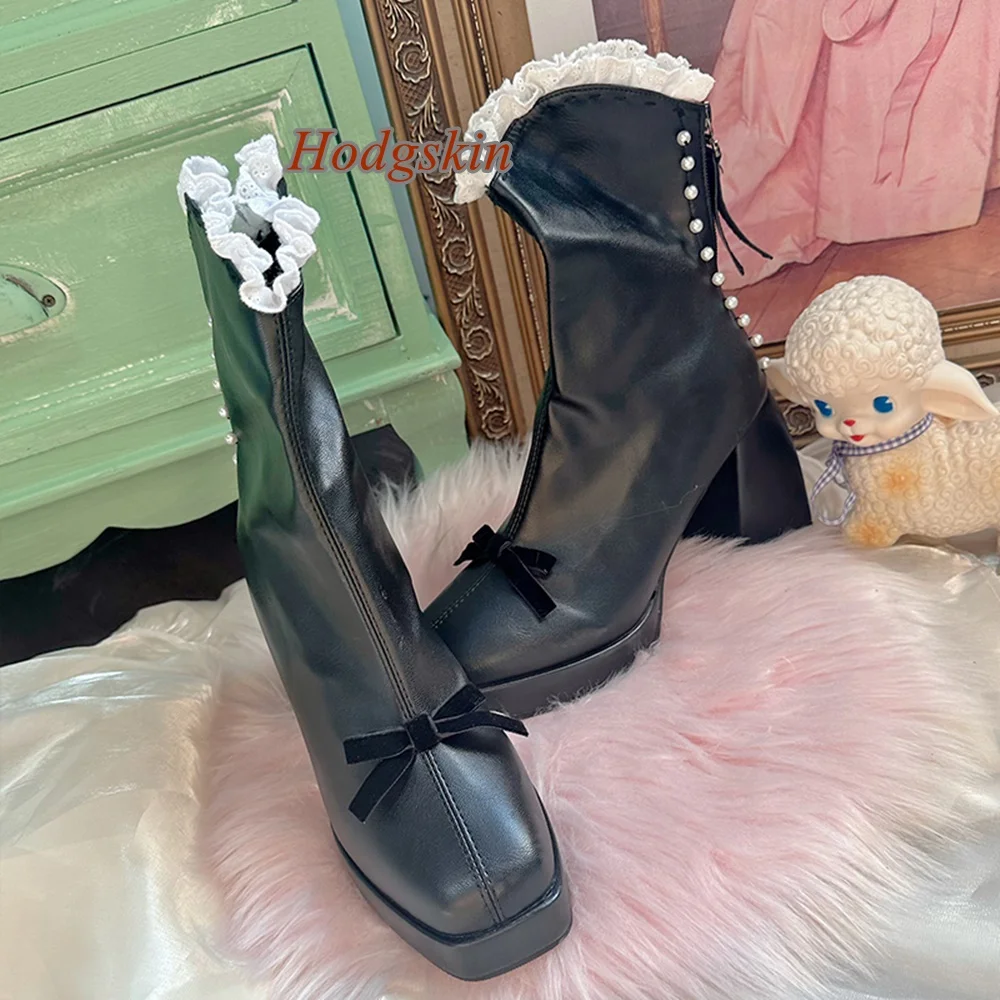 Butterfly Knot Sweet Solid Boots Chunky Heel Back Zipper Square Toe Boots Mid Calf 2025 Newest Winter Lace Fashion Casual Boots