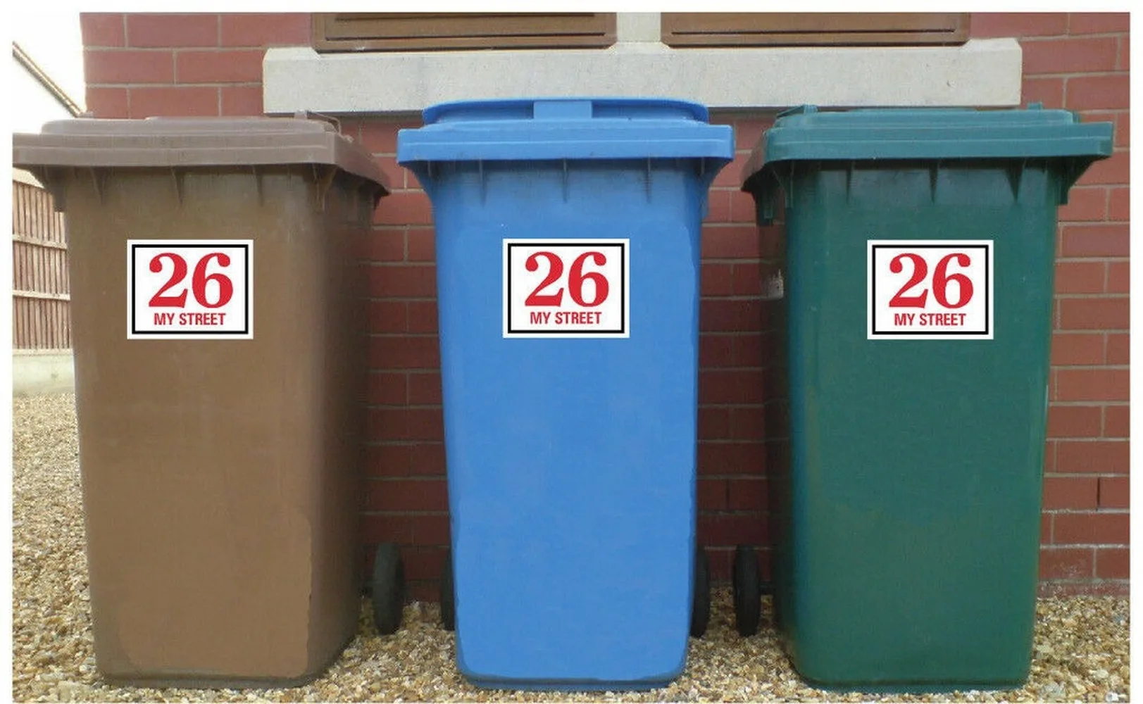 Customized WHEELIE BIN NUMBERS HOUSE ROAD STREET NAME RED BLUE BLACK Stickers Set of 3