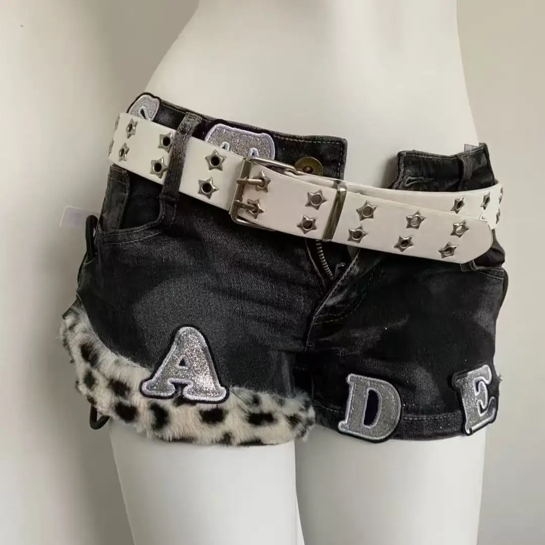 Y2K American Black Subculture Punk Retro Letters Leopard Print Hot Girl Slim Low Waist Women Spliced Washed Denim Shorts