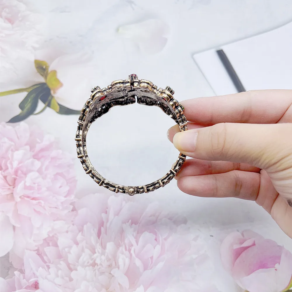 Neovisson Ethnic Women Cuff Bracelet Flower Antique Gold Color Resin Turkish Jewelry Rhinestone Banquet Wedding Wrist Jewelry